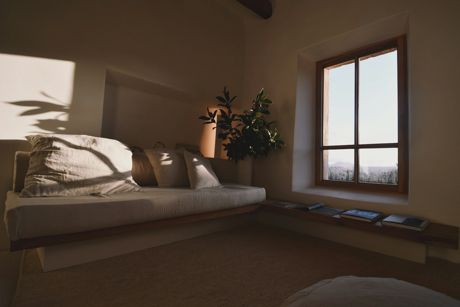 Warm sunlight on a linen sofa beside a wooden window frame