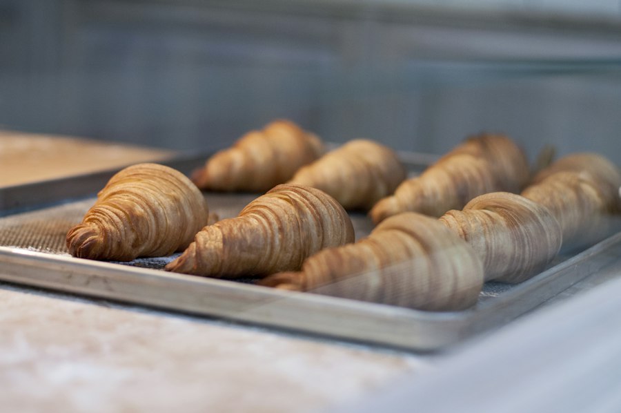 Croissants on a metal baking tray